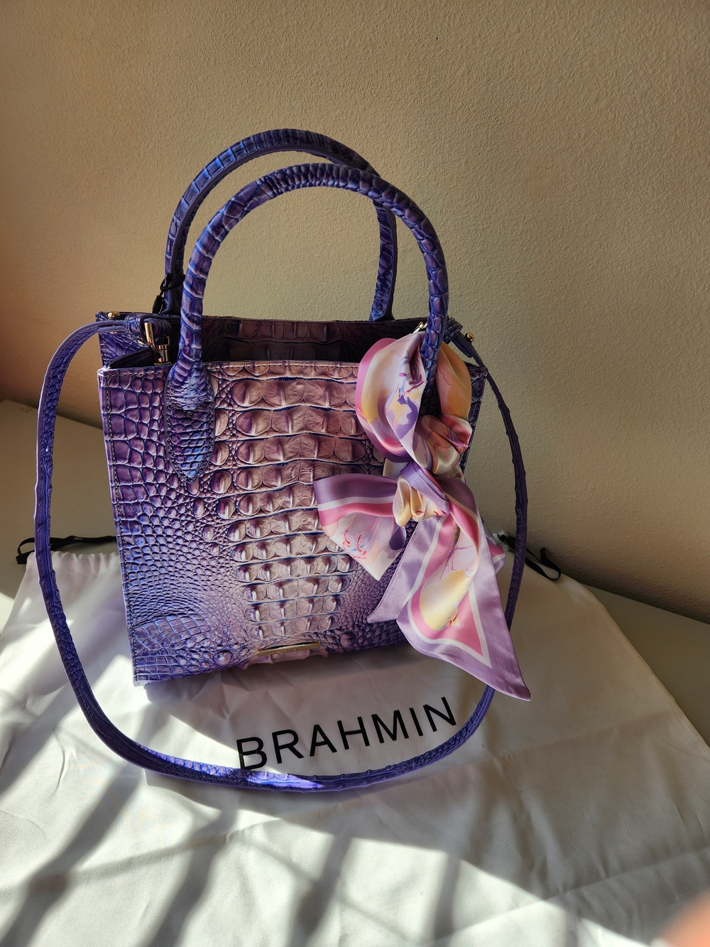 Elegant New Brahmin Purple Croc-Texture Satchel with Scarf Accent - Women Bags - Picture 3 of 8